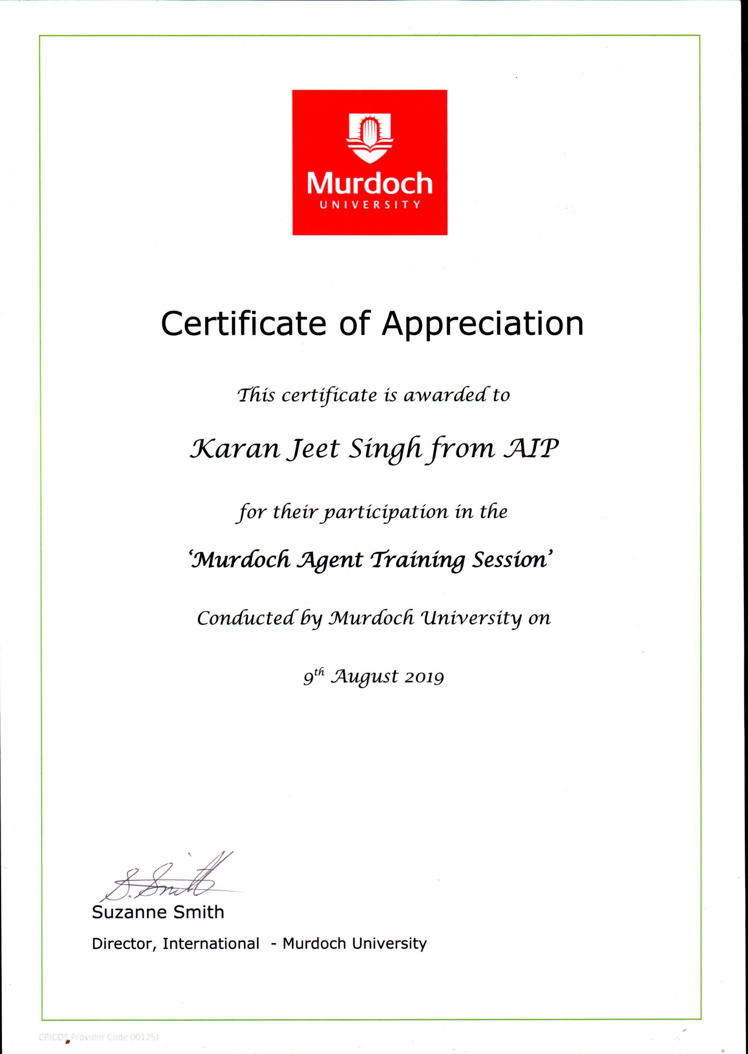 Certificate Murdoch Karanjeet